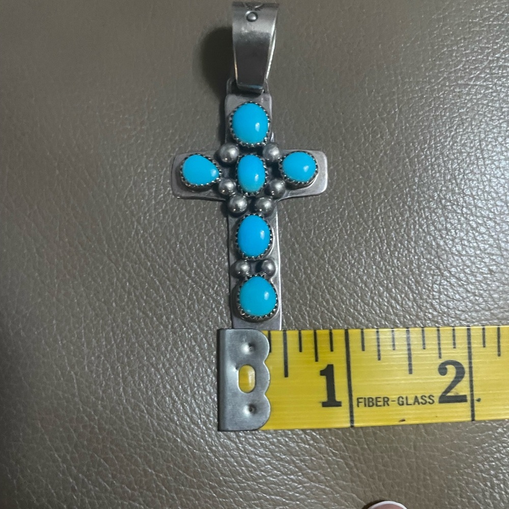 Large Navajo Signed Turquoise and Silver Cross Pendant 🦋 - Picture 7 of 11